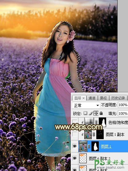 Photoshop给粉色长裙性感嫂子花圃中的写真照调出唯美意境霞光色