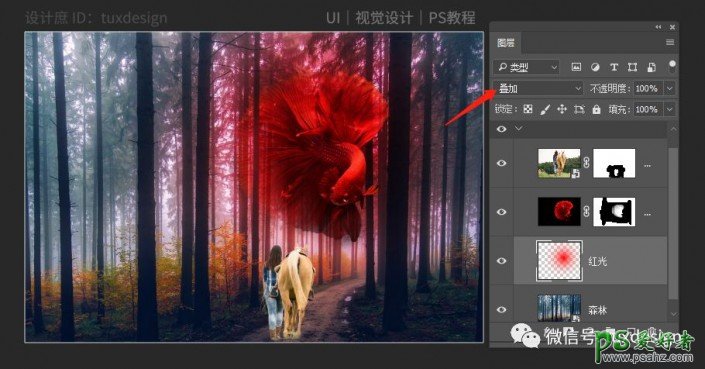 Photoshop创意合成一条红金鱼穿梭在森林里的奇幻照片。