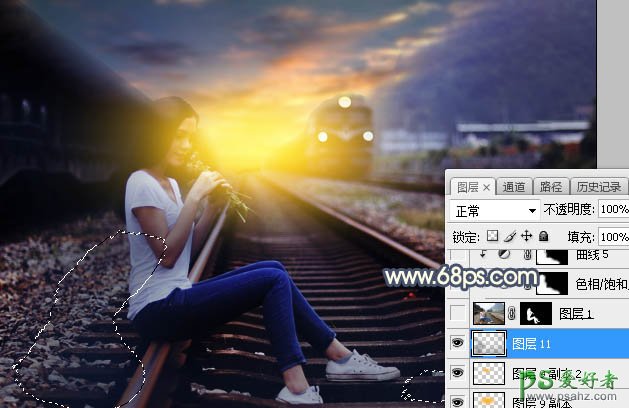 Photoshop给铁轨上外拍的可爱女生性感照片调出意境般的晨曦色