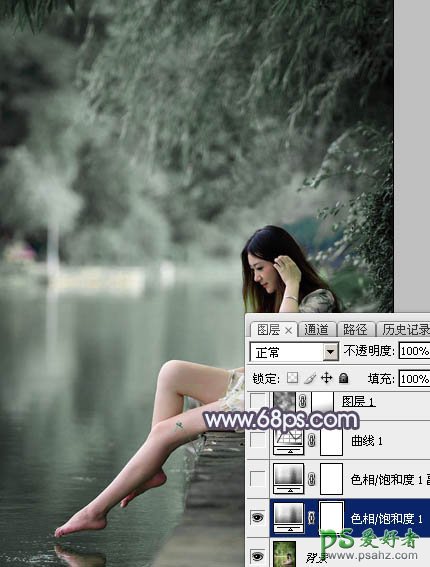 PS美少女艺术照调色实例：给清纯的湖景少女图片调出高雅灰色调