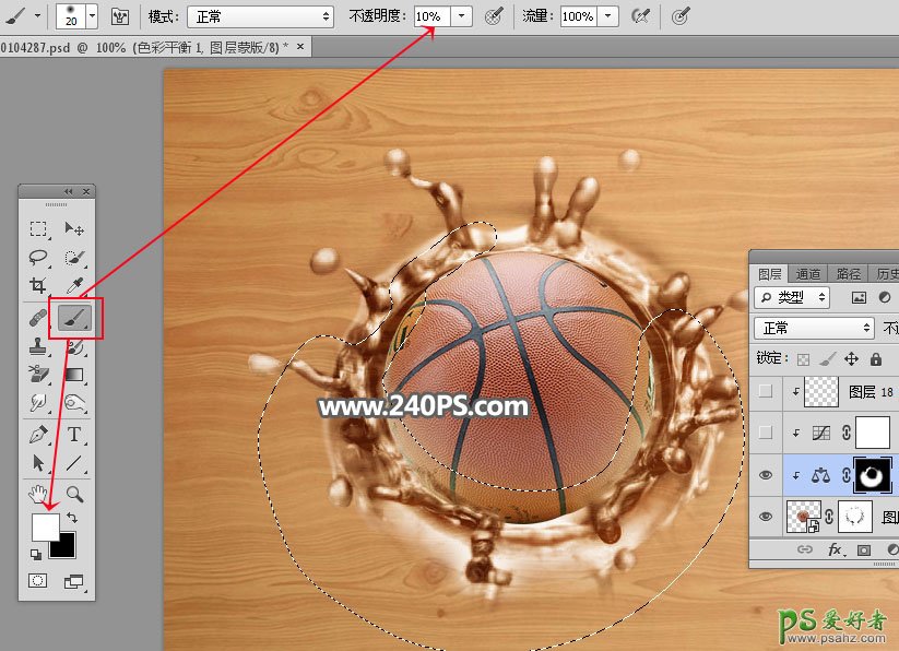 Photoshop创意合成篮球砸在木板上，木板溅起的水花效果。