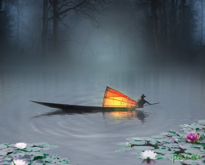 Photoshop合成月色中江面上渔船点着灯火划船的唯美意境场景图片