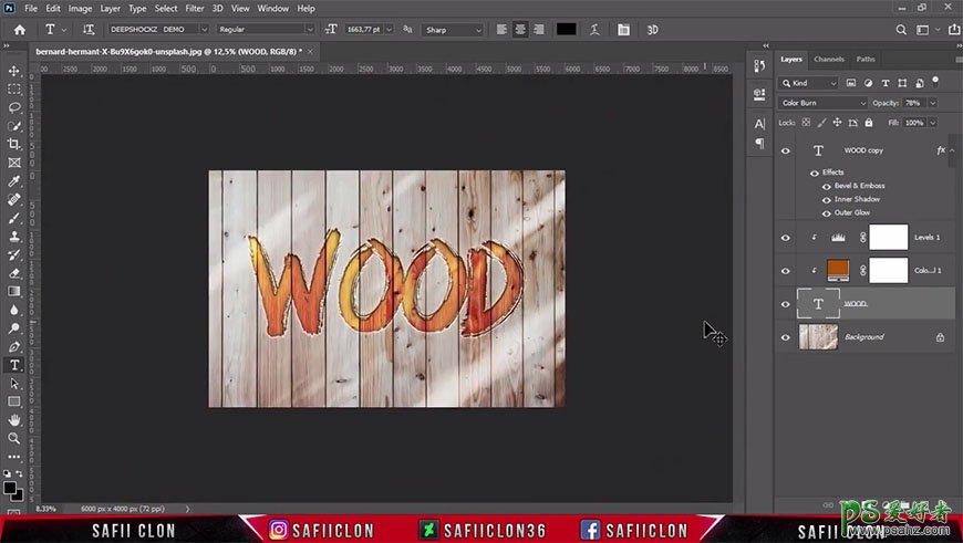 Photoshop制作木板上雕刻效果的文字，木纹立体字效。