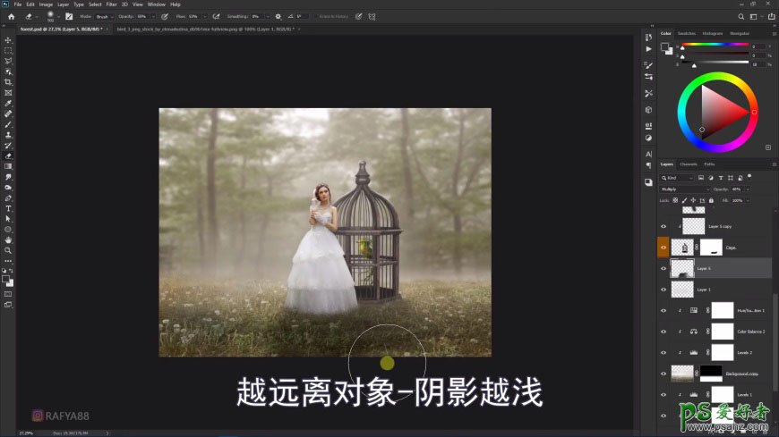 Photoshop创意合成森系婚纱照美女与巨型鸟笼在森林中的秘境场景