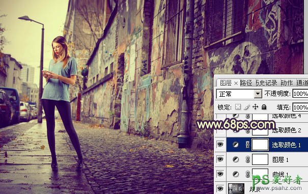 Photoshop给街道上自拍的黑丝美腿少女图片调出怀旧的黄蓝色。