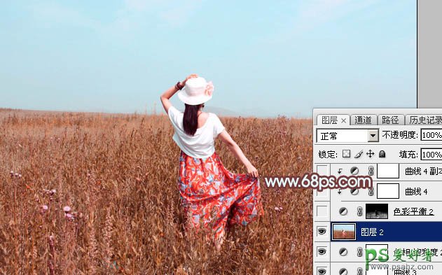 Photoshop给麦田里的美女写真图片调出美美的秋季风景效果，秋景