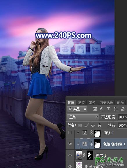 Photoshop给长腿美女模特外景照片调出蓝紫色霞光色彩。