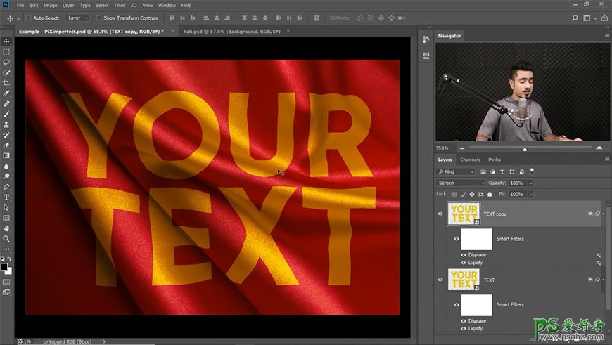 Photoshop设计旗帜上印染效果的金色文字，面料上有折痕的金色字