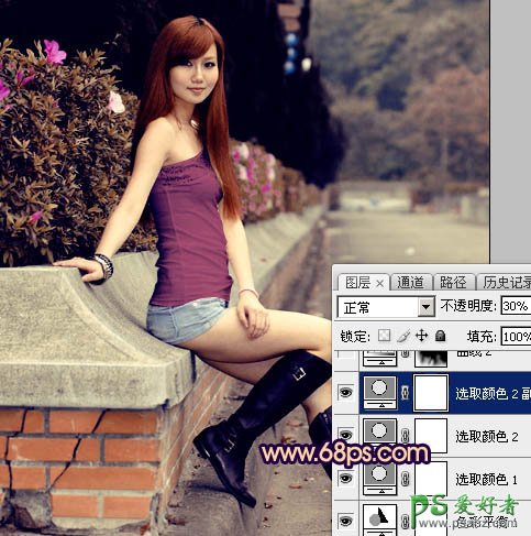 Photoshop给景区里性感的美女照片调出温暖的紫黄色-高对比晨曦色