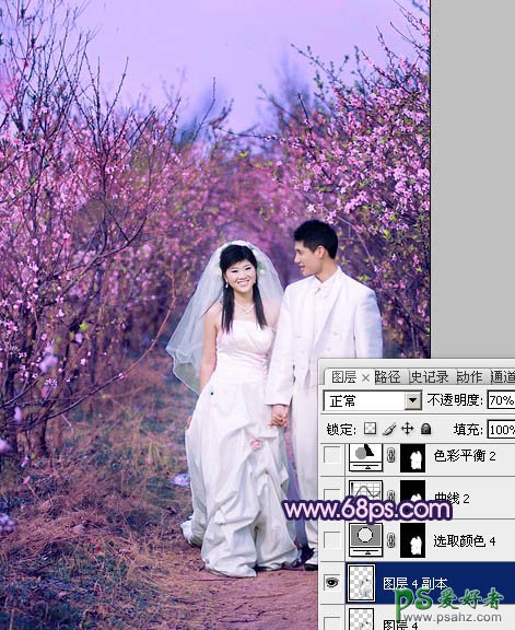 photoshop给春日桃花林里的情侣婚片调出艳丽的桃红色