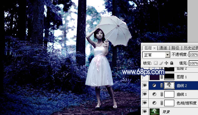 Photoshop给森系唯美少女写真照调出梦幻的暗蓝色效果