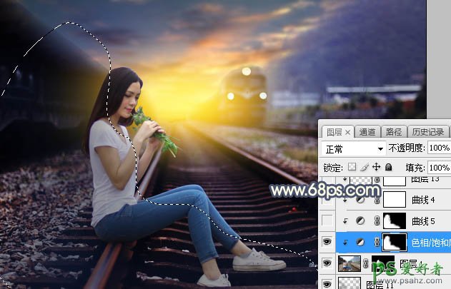 Photoshop给铁轨上外拍的可爱女生性感照片调出意境般的晨曦色