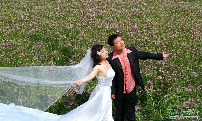 PS调色教程：给花草地上的情侣婚片调出绚丽的蓝紫色