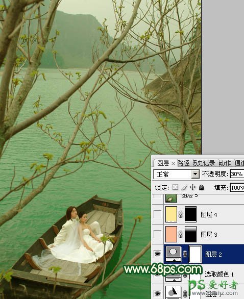 photoshop调出烂漫的春季湖水上的情侣婚纱写真照