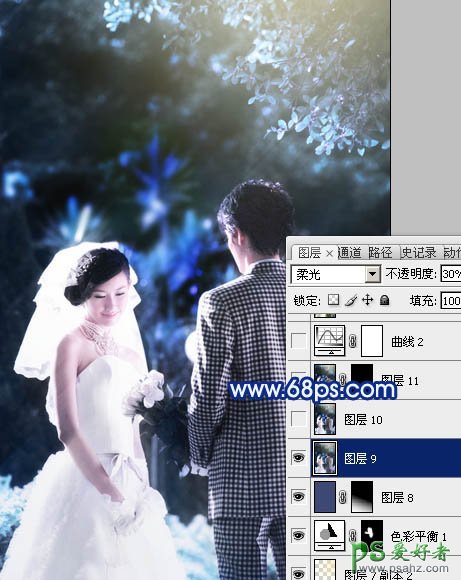 PS调色教程：给树林中的情侣婚片写真调出纯蓝艺术效果