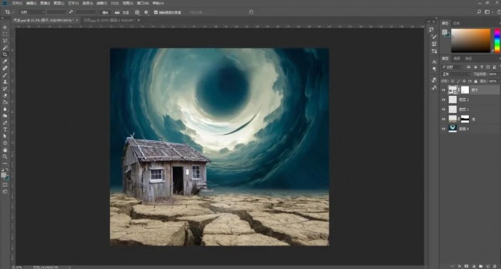 Photoshop合成科幻感十足的魔鬼小屋场景，科幻电影场景照片。