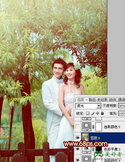 photoshop调出甜美青色效果树林情侣婚纱写真照