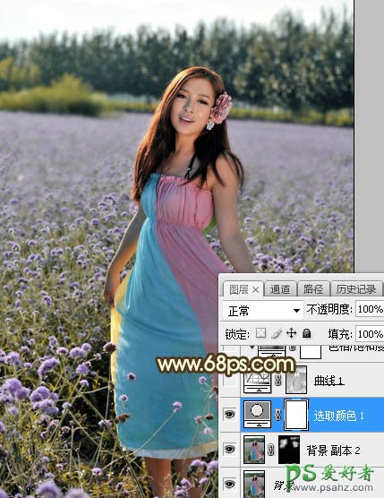 Photoshop给粉色长裙性感嫂子花圃中的写真照调出唯美意境霞光色