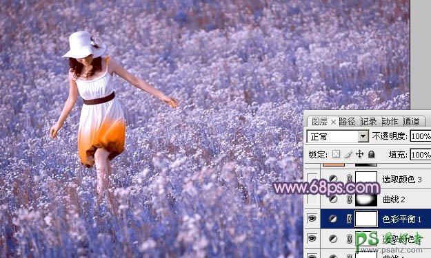 photoshop给草原上的风情少女调出梦幻的蓝红色