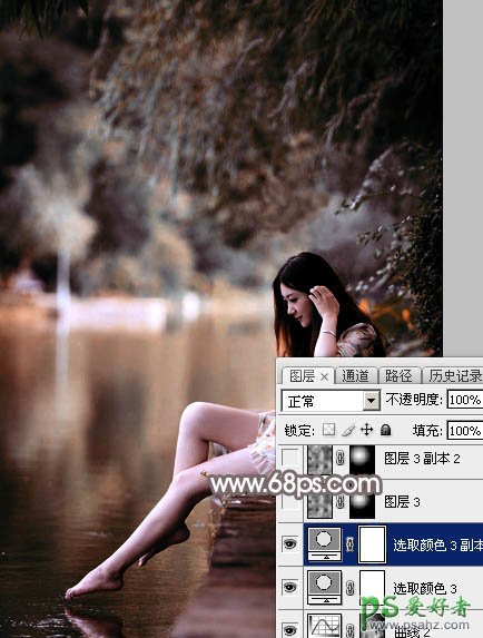 PS美女图片调色实例：给公园水边自拍的美女照片调出唯美的红褐色