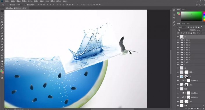 PS合成教程：创意打造蓝色海洋场景西瓜图片，西瓜与海洋场景合成