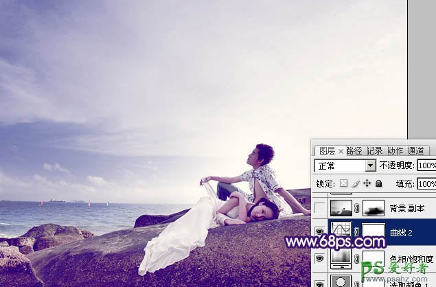 photoshop调制出经典蓝紫色海景情侣婚片教程