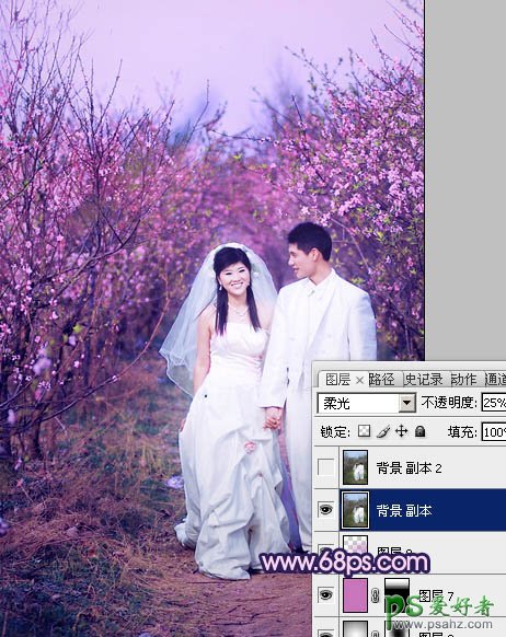 photoshop给春日桃花林里的情侣婚片调出艳丽的桃红色