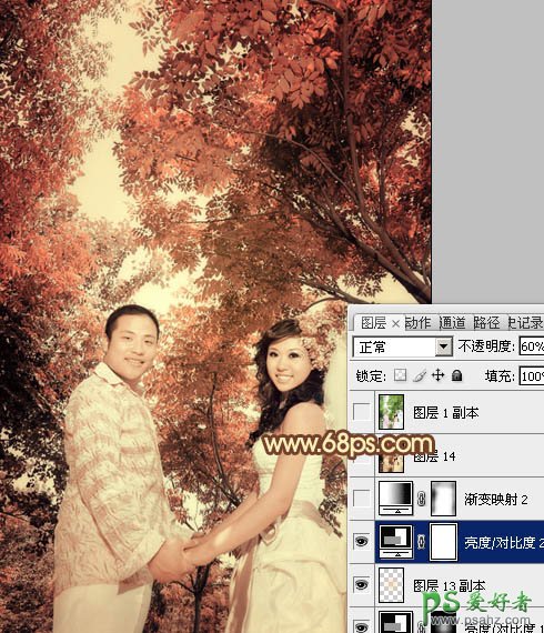 PS调色教程：给树林里的情侣婚纱照调出古典的色调