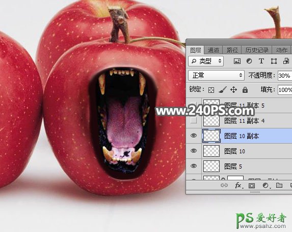 Photoshop创意合成张着大嘴的红苹果，血盆大口的狮子嘴苹果。