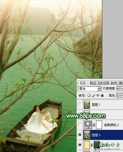 photoshop调出烂漫的春季湖水上的情侣婚纱写真照