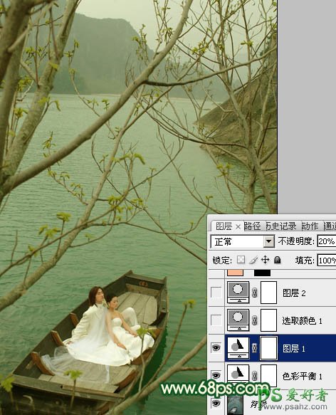 photoshop调出烂漫的春季湖水上的情侣婚纱写真照