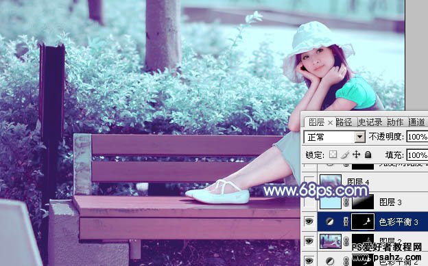 PS调色教程：给公园里唯美的少女图片调出淡调青紫色