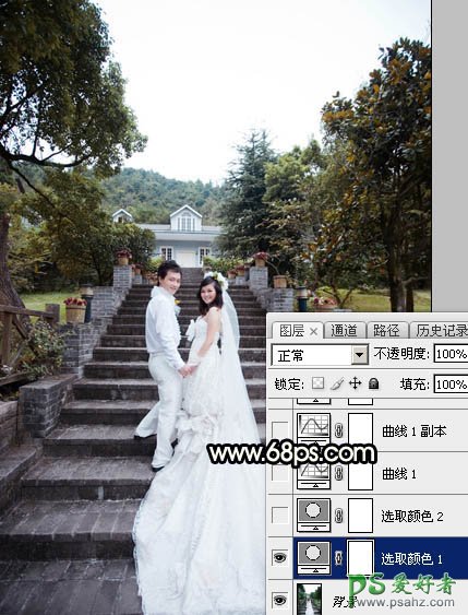 Photoshop给园林中拍摄的情侣婚纱照调出唯美梦幻温馨的霞光色彩