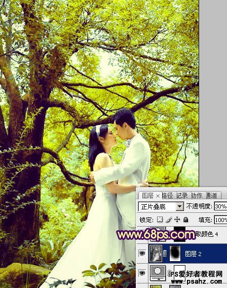 photoshop调出柔和的黄绿风格的情侣婚纱照