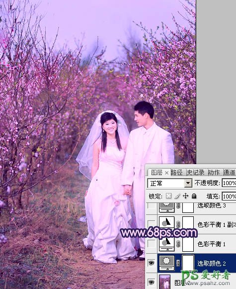 photoshop给春日桃花林里的情侣婚片调出艳丽的桃红色