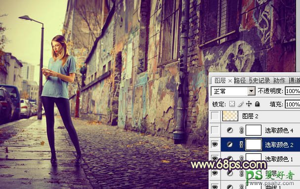 Photoshop给街道上自拍的黑丝美腿少女图片调出怀旧的黄蓝色。