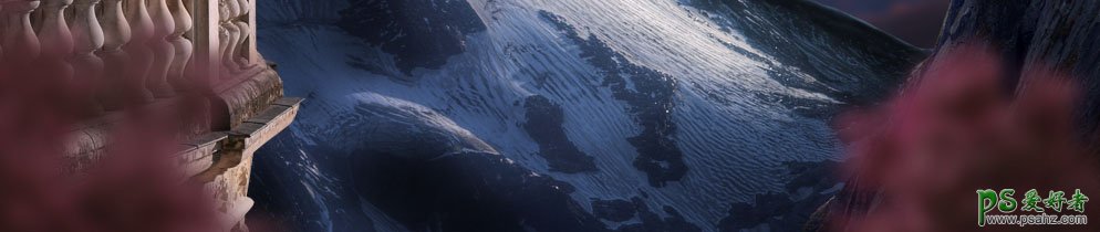 看PS大神创意合成景观阳台上眺望远方日出的场景，眺望山谷风景图