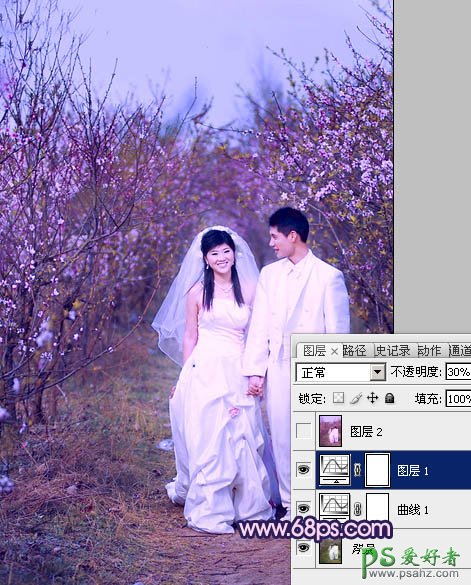 photoshop给春日桃花林里的情侣婚片调出艳丽的桃红色