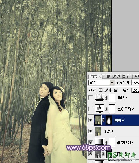 photoshop调出蓝紫色竹林里的情侣婚片