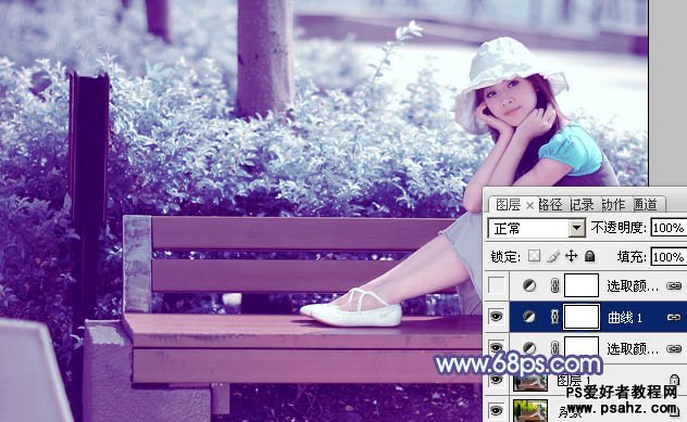 PS调色教程：给公园里唯美的少女图片调出淡调青紫色
