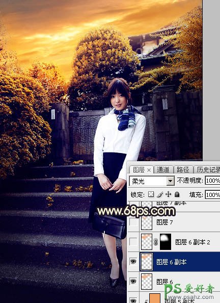 Photoshop给性感空姐制服美女外景写真图片调出唯美的夕阳霞光色