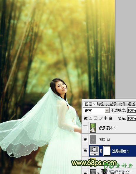 PS调色教程：给漂亮的竹林婚片少女写真照调出古典黄绿色