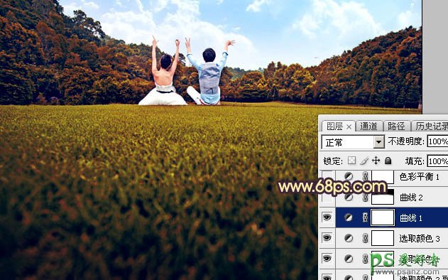 PS图片调色：利用素材给草地上的唯美情侣图片调出灿烂的秋季晨曦