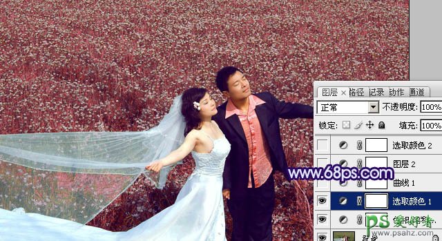 PS调色教程：给花草地上的情侣婚片调出绚丽的蓝紫色