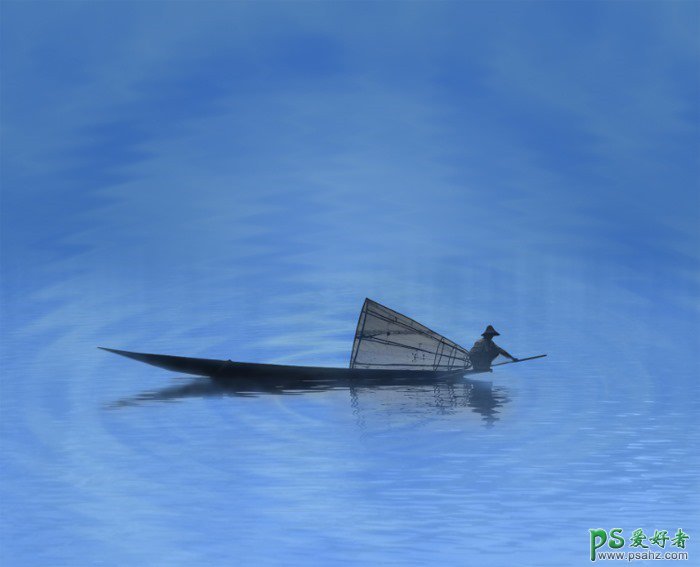 Photoshop合成月色中江面上渔船点着灯火划船的唯美意境场景图片