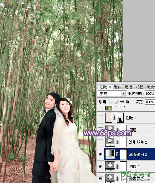 photoshop调出蓝紫色竹林里的情侣婚片