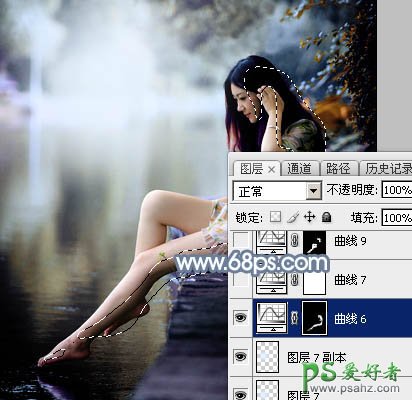 Photoshop给外景自拍的长腿美足少女生活照调出柔和的古典青蓝色