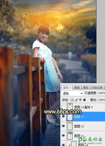 Photoshop给景区木桥上拍摄的中年女人写真图片调出唯美的曦色