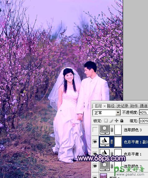 photoshop给春日桃花林里的情侣婚片调出艳丽的桃红色