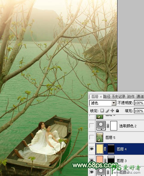 photoshop调出烂漫的春季湖水上的情侣婚纱写真照